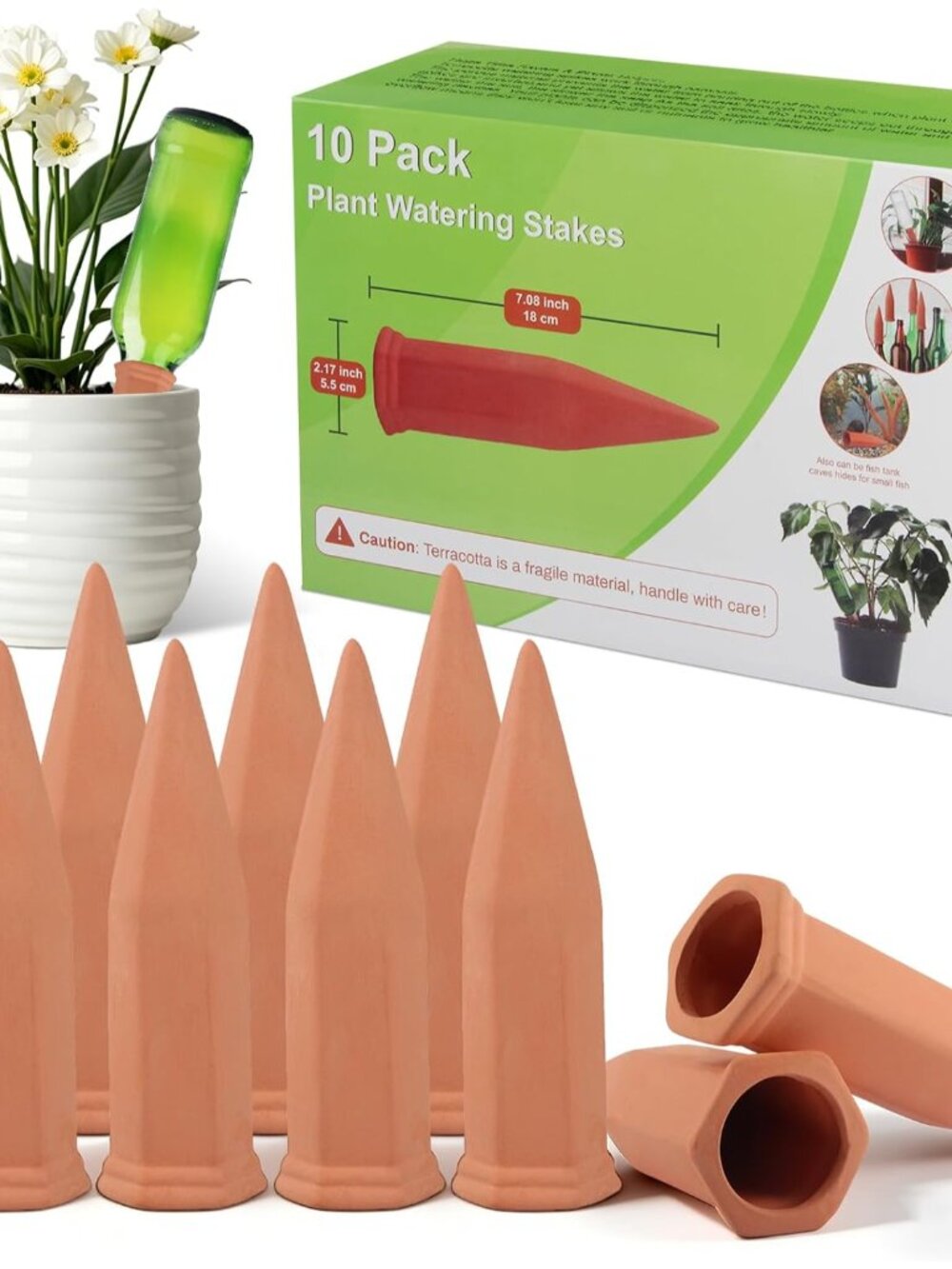 10 Pack Terracotta Watering Spikes, Plant Watering Devices